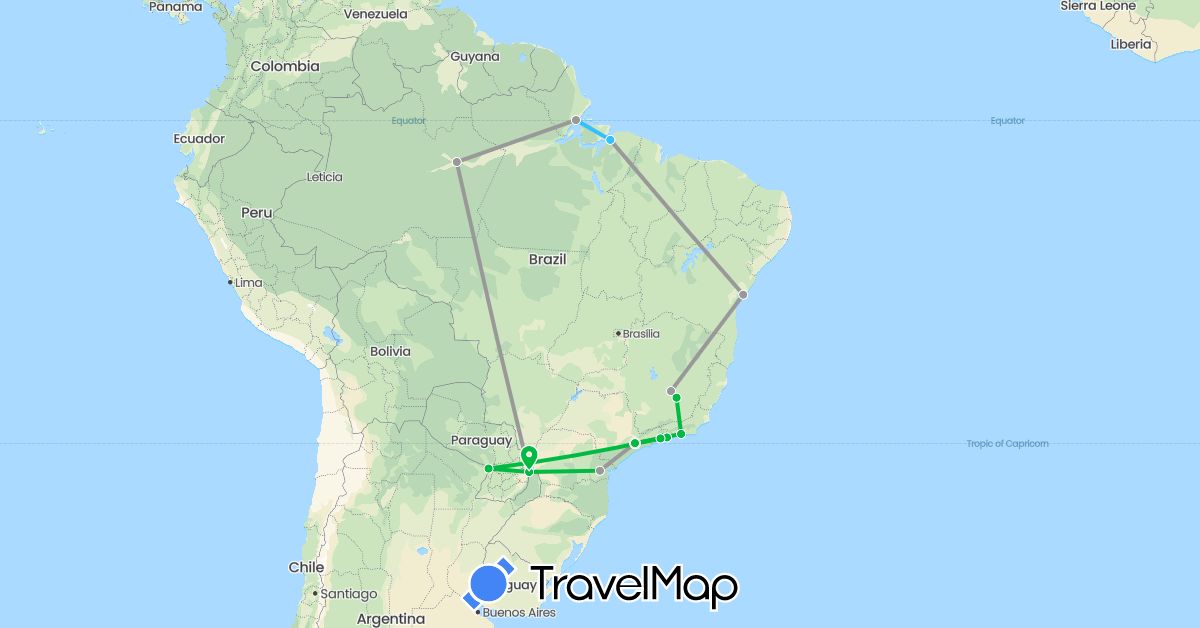 TravelMap itinerary: driving, bus, plane, boat in Brazil, Paraguay (South America)